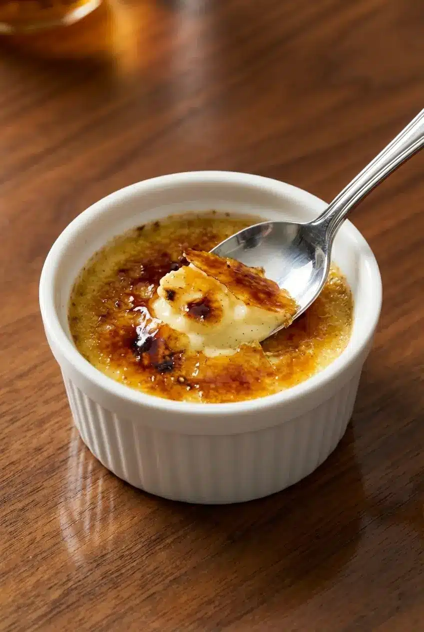 Close-up of a shattered caramelized sugar crust on Tahitian Vanilla Creme Brulee revealing the creamy speckled custard inside.