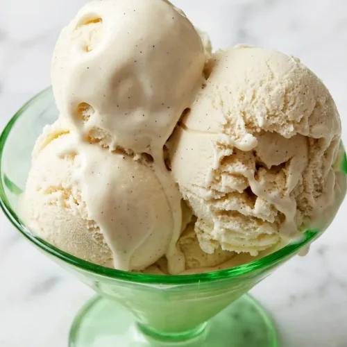Tahitian Vanilla Ice Cream scooped in a bowl showing a creamy texture achieved with milk powder and a splash of vodka.