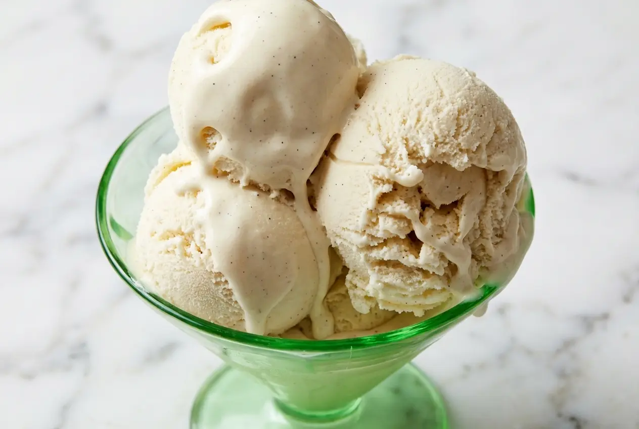 Tahitian Vanilla Ice Cream scooped in a bowl showing a creamy texture achieved with milk powder and a splash of vodka.