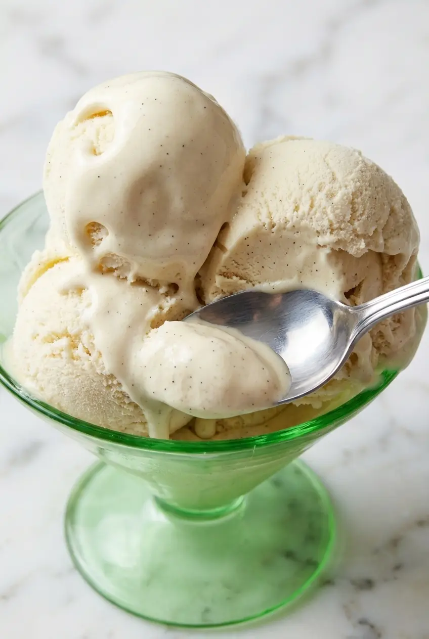 A perfectly smooth scoop of Tahitian Vanilla Ice Cream resting on a dessert spoon to highlight its rich, crystal-free finish.
