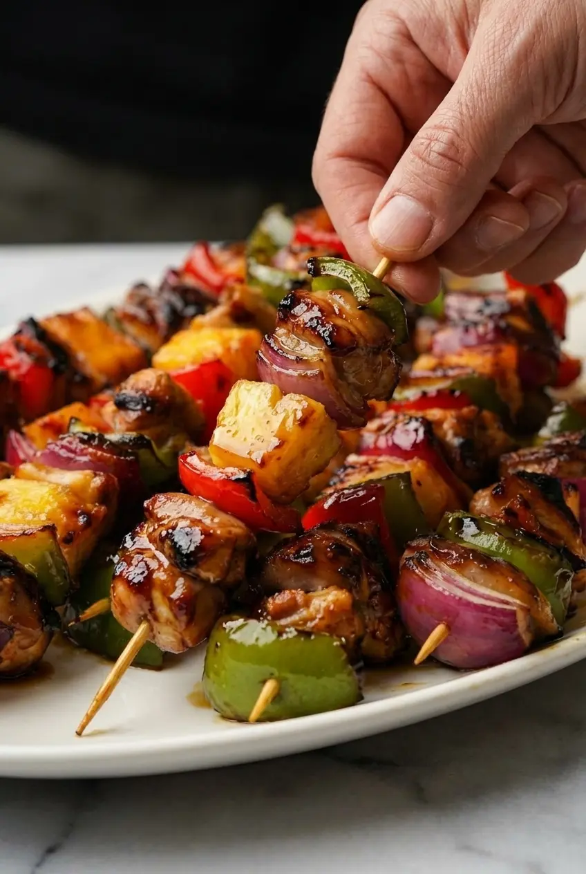 Macro view of Teriyaki Chicken Skewers highlighting the caramelization and rich umami finish on the meat.
