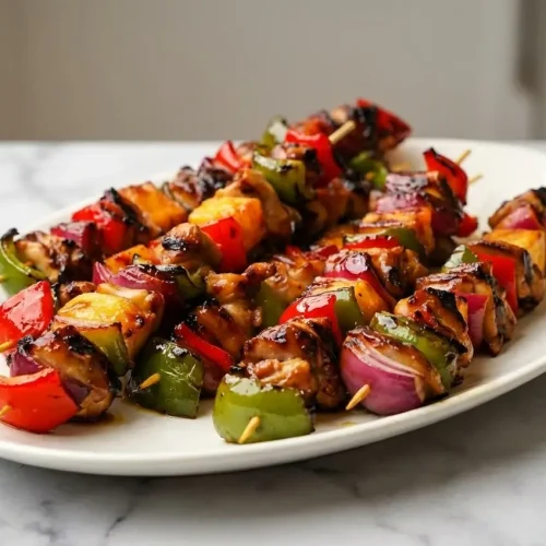 Charred Teriyaki Chicken Skewers coated in a glossy, umami-rich miso-butter glaze on a serving platter.
