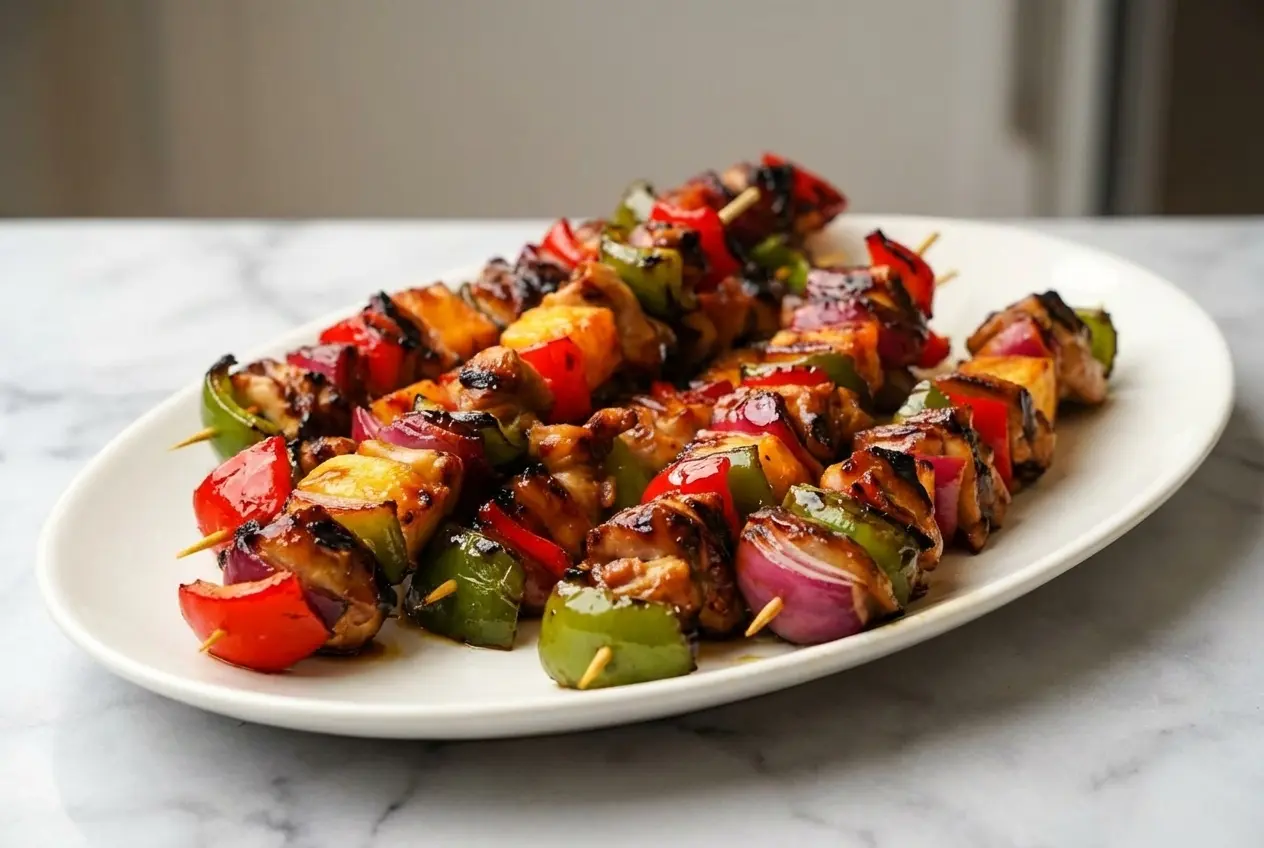 Charred Teriyaki Chicken Skewers coated in a glossy, umami-rich miso-butter glaze on a serving platter.