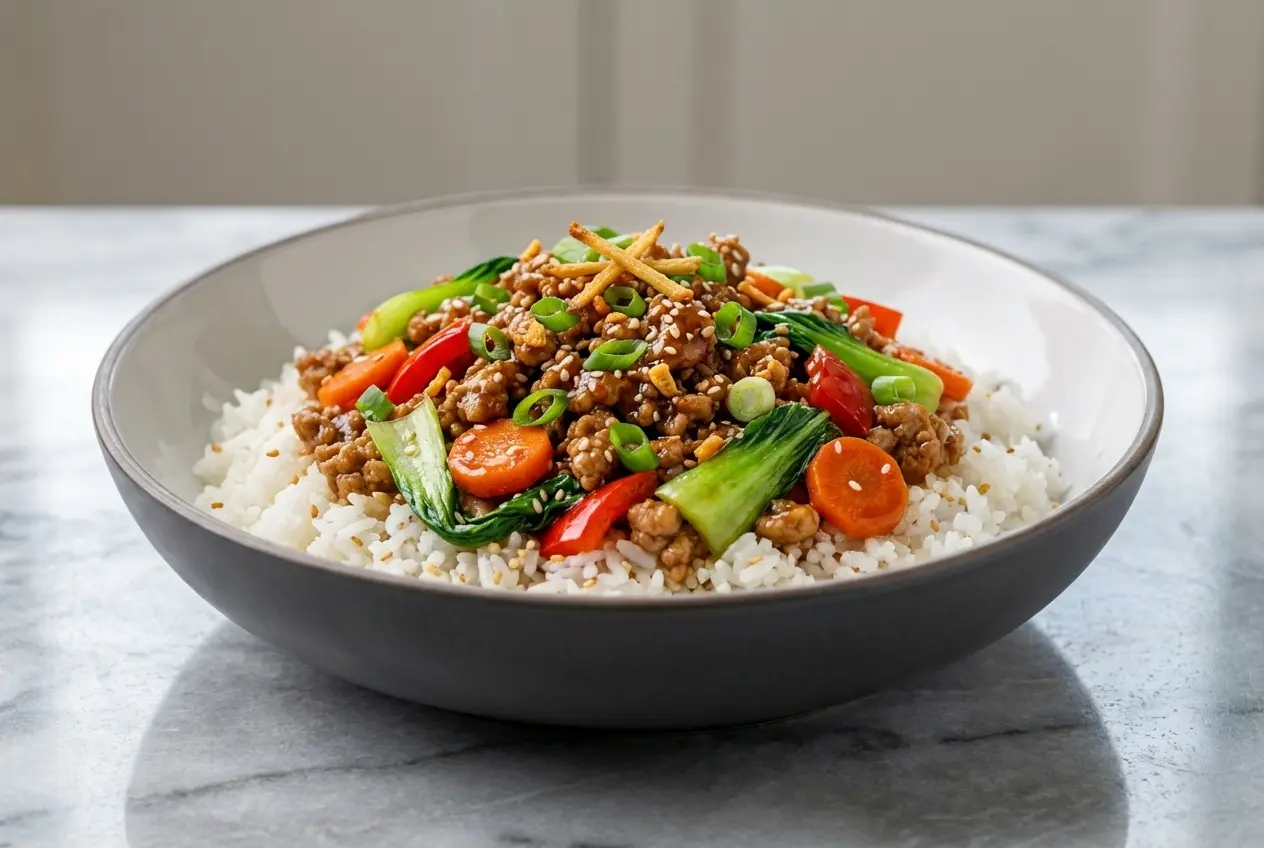 Teriyaki Turkey Rice Bowl topped with crispy ginger-garlic aromatics and fresh green onions.