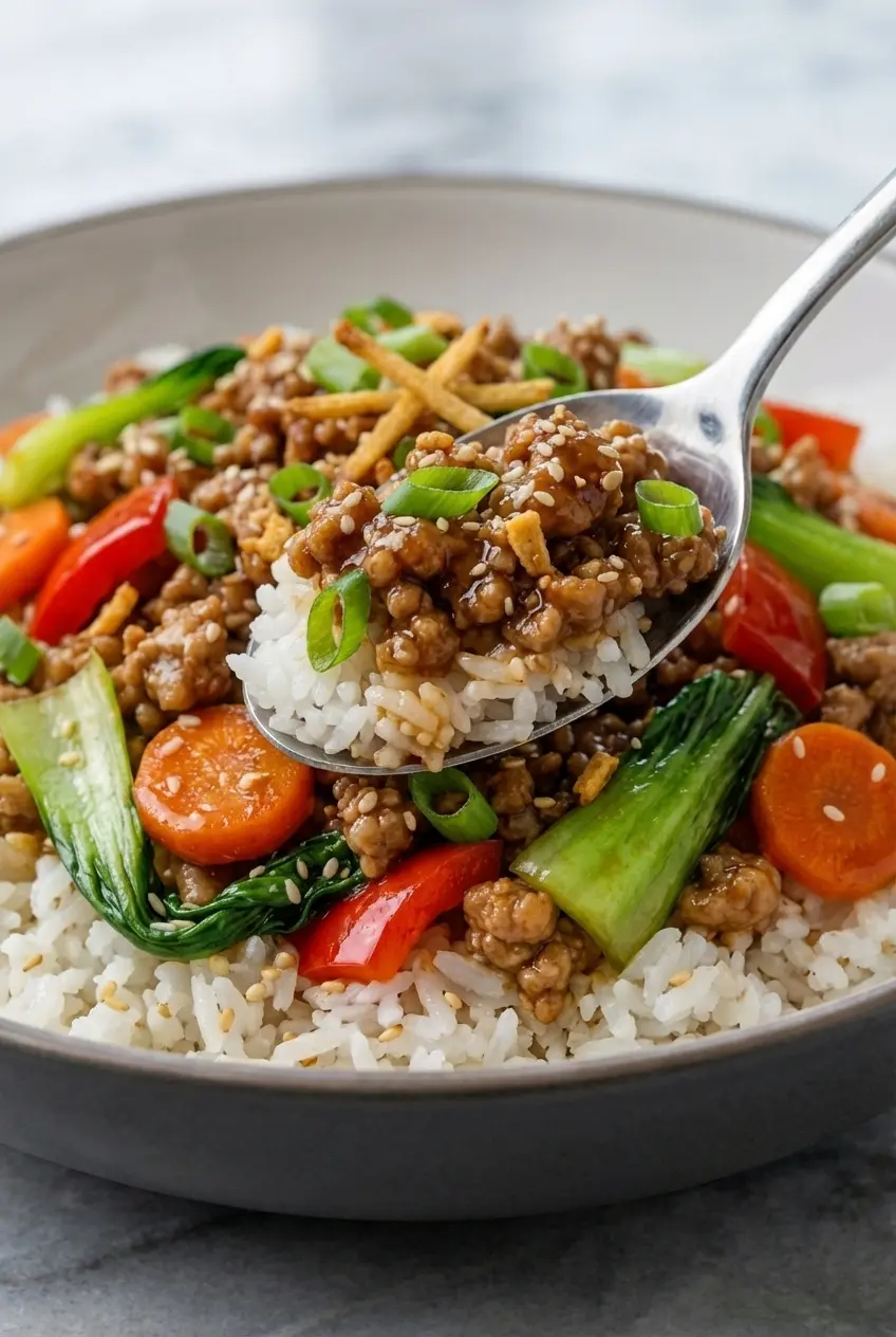 Close-up of the Maillard reaction on ground turkey in a Teriyaki Turkey Rice Bowl with crispy garlic.