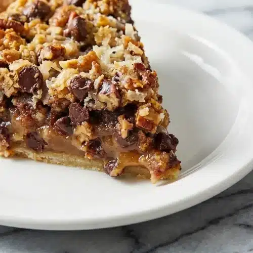 A slice of Texas Trash Pie showing a gooey browned butter filling with pecans, pretzels, and chocolate chips.