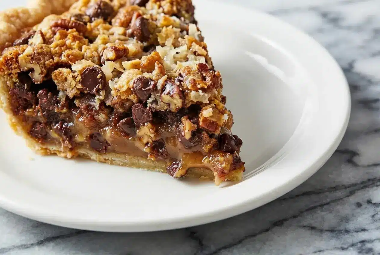 A slice of Texas Trash Pie showing a gooey browned butter filling with pecans, pretzels, and chocolate chips.