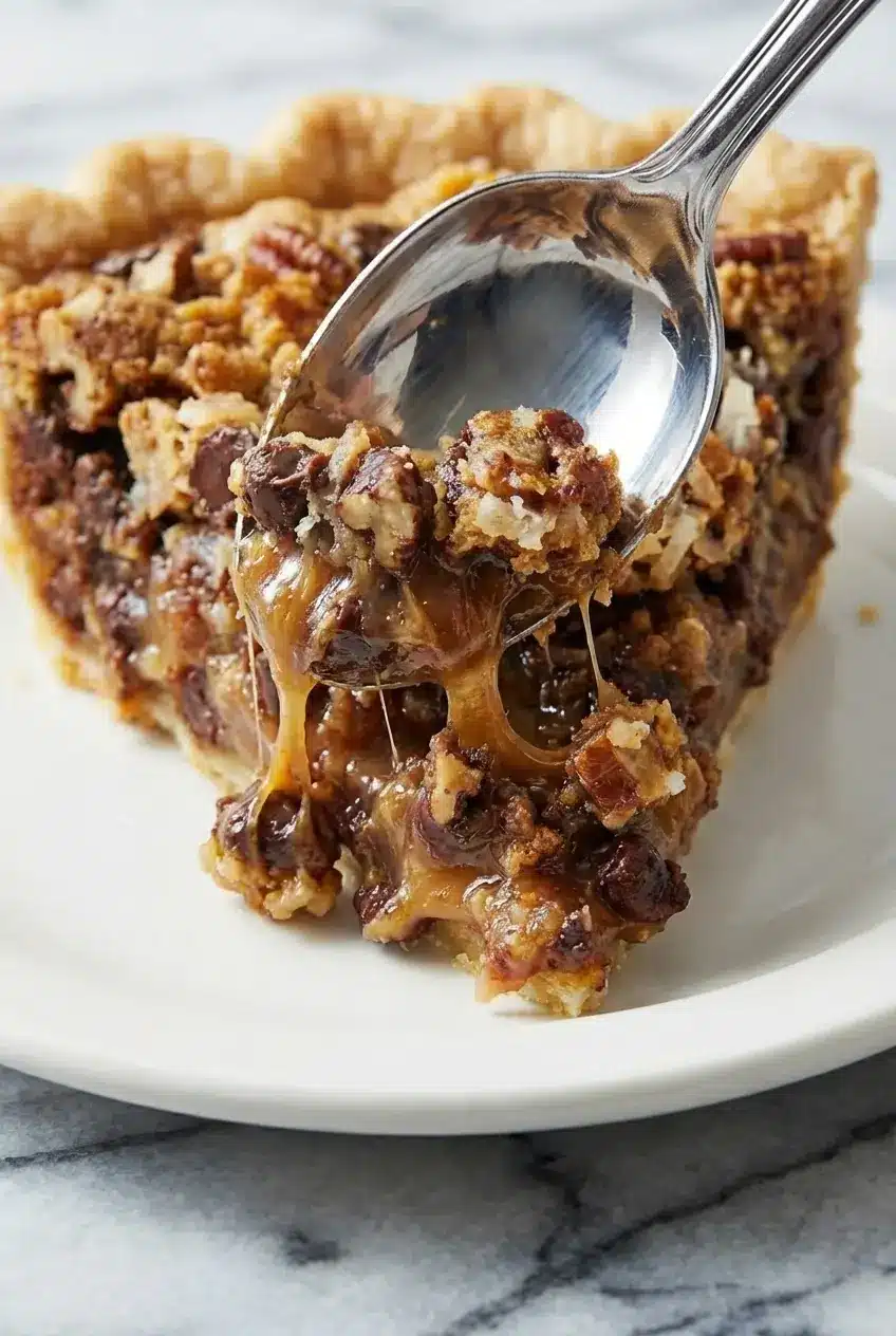 Close-up of the crunchy pretzels and melted semi-sweet chocolate chips inside a Texas Trash Pie.