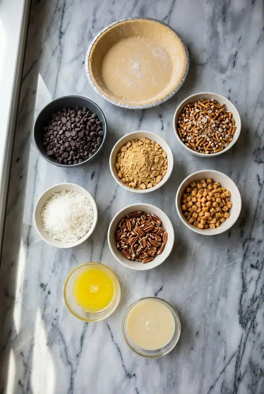 Pantry staples for Texas Trash Pie including pretzels, pecans, chocolate chips, coconut, and sweetened condensed milk.