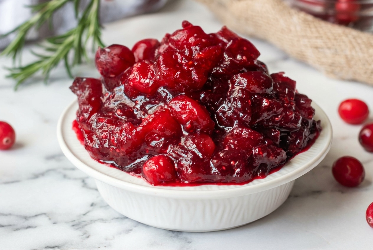 Bowl of vibrant cranberry relish recipe featuring chopped fresh cranberries mixed with cooked puree for a unique texture-bridge effect