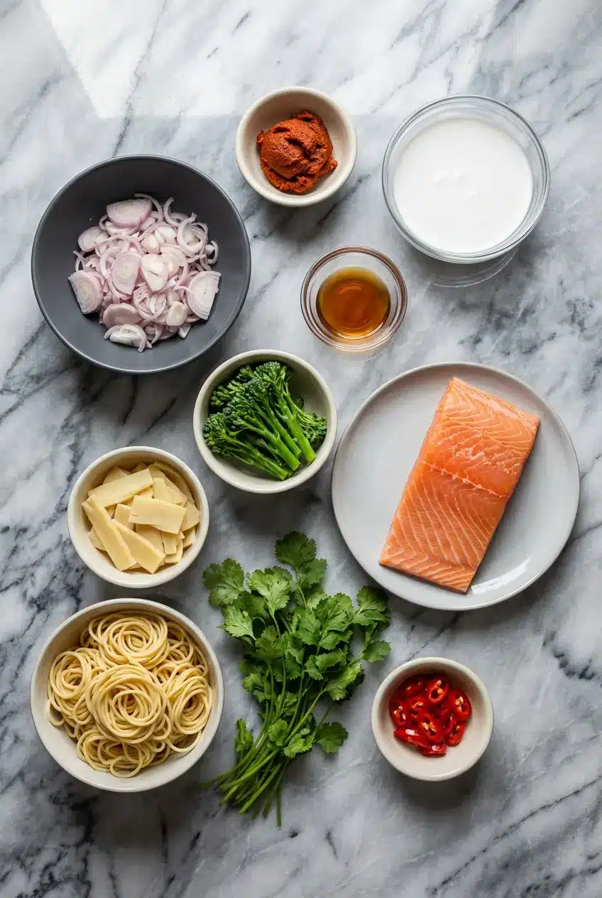 Raw ingredients for Thai Red Curry Noodle Soup including coconut milk, red curry paste, lemongrass, and lime leaves.
