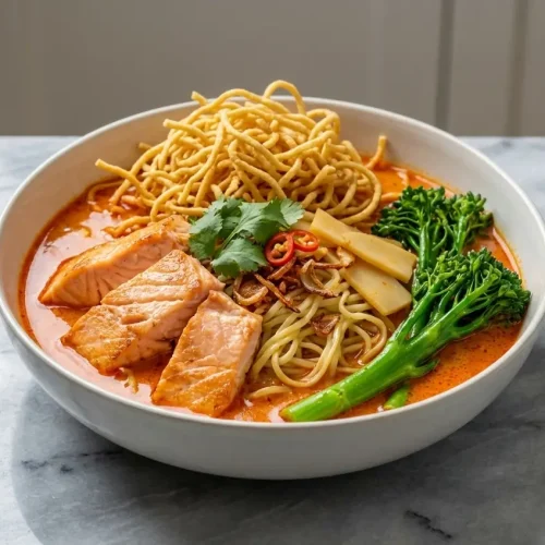 Thai Red Curry Noodle Soup topped with crispy deep-fried egg noodles and fresh shallots in a ceramic bowl.