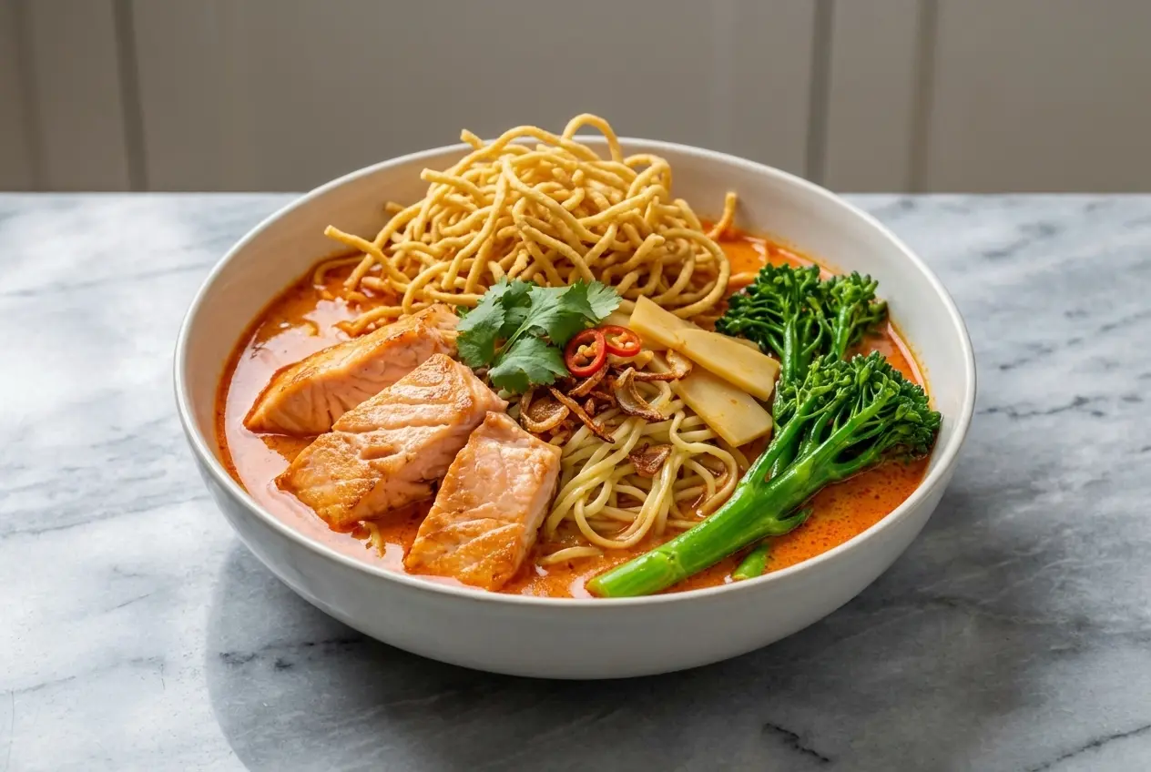 Thai Red Curry Noodle Soup topped with crispy deep-fried egg noodles and fresh shallots in a ceramic bowl.