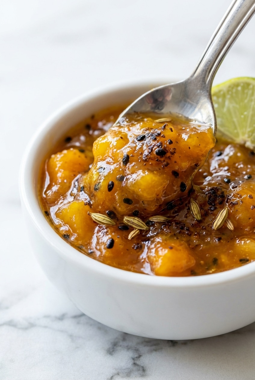 Close up of a simmering Mango Chutney Recipe showing its thick, jammy consistency and beautifully glossy fruit pieces.