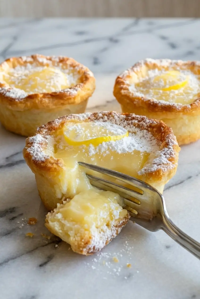 Close up of a sliced Baby Lemon Impossible Pies Recipe revealing a dense bottom, creamy custard center, and light top layer.