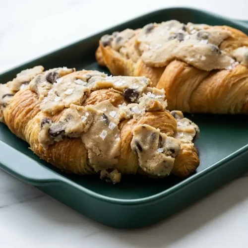 Flaky TikTok Cookie Croissant Recipe baked to perfection with gooey chocolate chips and a generous sprinkle of sea salt.