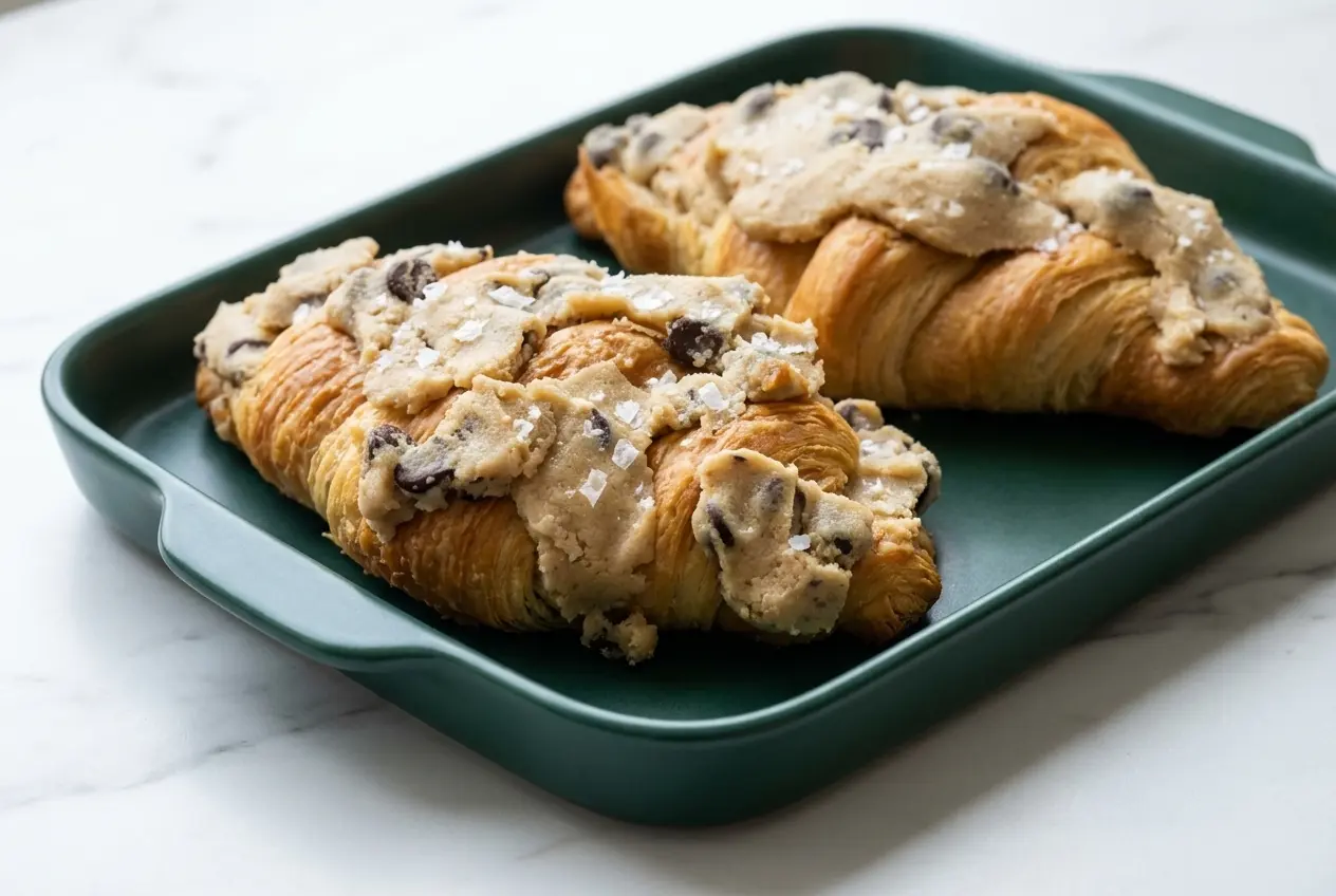 Flaky TikTok Cookie Croissant Recipe baked to perfection with gooey chocolate chips and a generous sprinkle of sea salt.