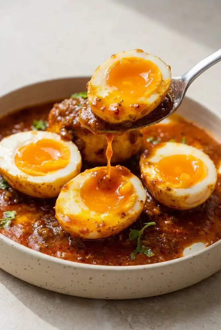Close-up of a perfectly emulsified sauce clinging to a TikTok egg boil, highlighting the glossy finish from the cold butter.