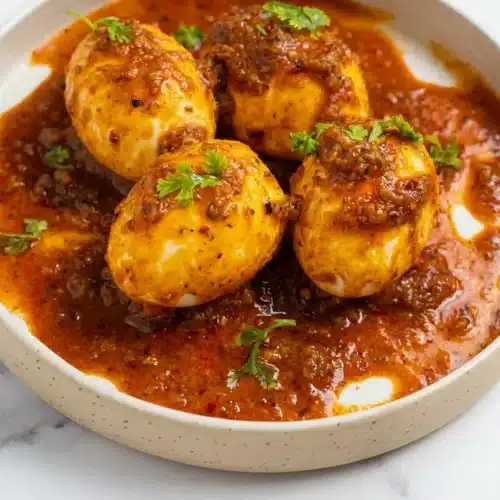 Jammy soft-boiled eggs smothered in a rich, glossy sauce for a TikTok egg boil, finished with a dash of crab boil.