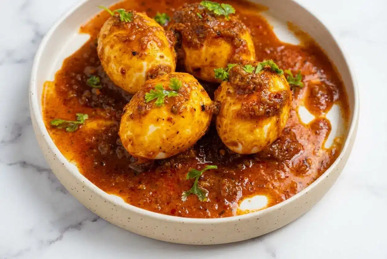 Jammy soft-boiled eggs smothered in a rich, glossy sauce for a TikTok egg boil, finished with a dash of crab boil.