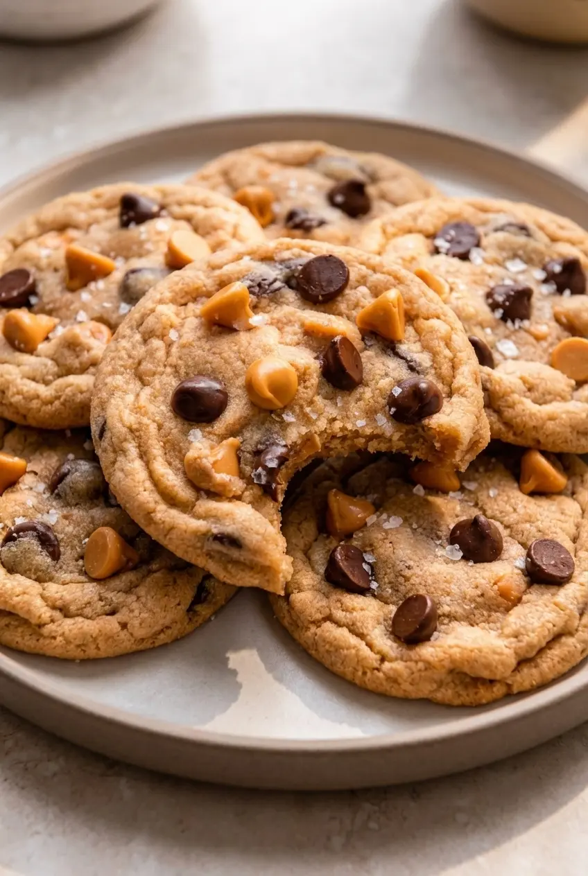 A stack of warm Butterscotch Chocolate Chip Cookies showing the Maillard reaction on the golden brown edges.