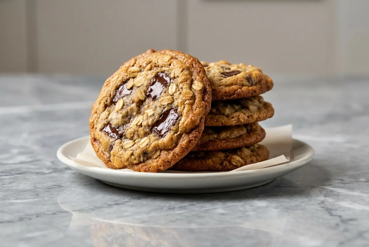 Golden Banana Oatmeal Chocolate Chip Cookies featuring toasted oats and a hint of espresso powder for depth.