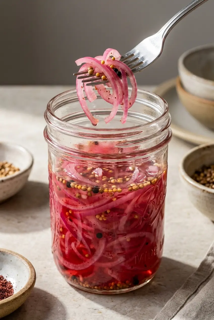 Toasted mustard and coriander seeds being added to the quick pickled onions brine for savory depth.