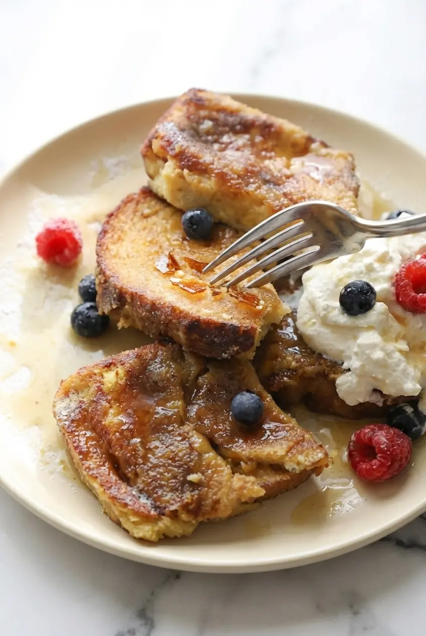 Close up of a kitchen torch melting fine granulated sugar on top of Overnight Crème Brûlée French Toast.
