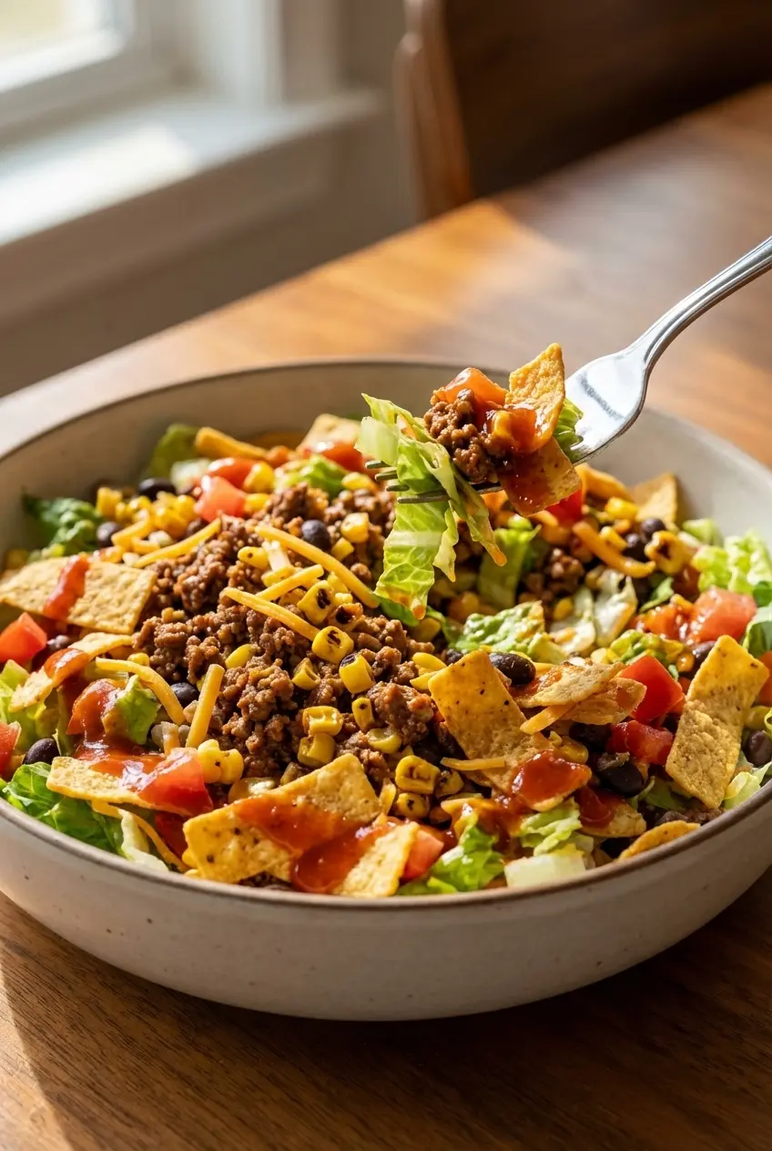 Tossing fresh iceberg lettuce and charred corn with zesty dressing to create the perfect frito taco salad.