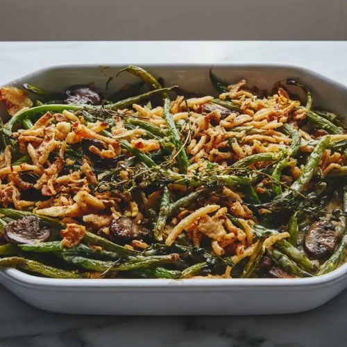 Ultimate Green Bean Casserole with a savory brown butter miso béchamel and crispy fried onion topping.