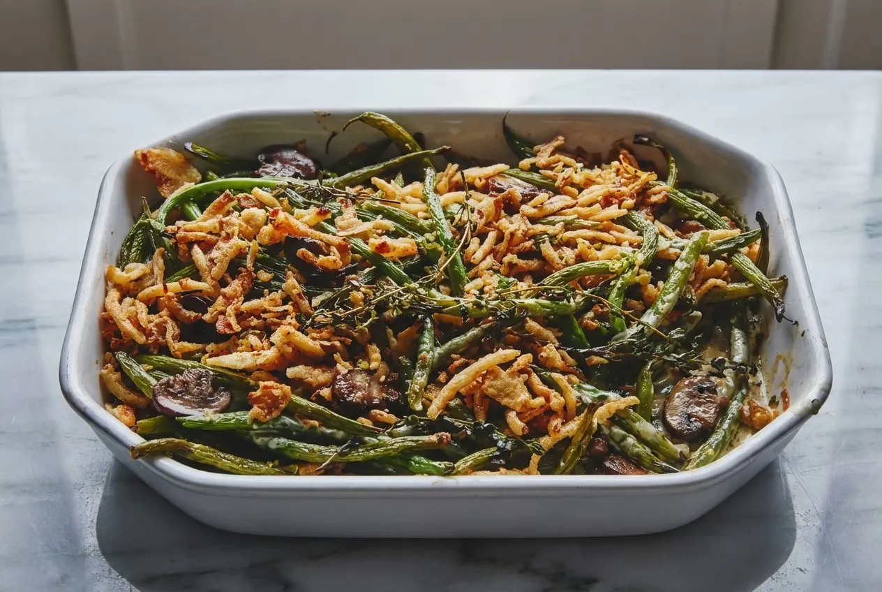 Ultimate Green Bean Casserole with a savory brown butter miso béchamel and crispy fried onion topping.