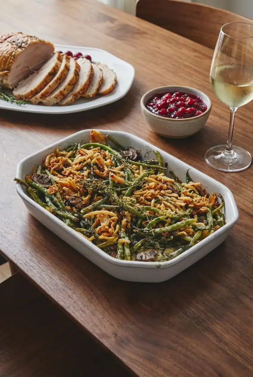 A serving of Ultimate Green Bean Casserole in a ceramic dish showing the creamy texture and crispy topping.