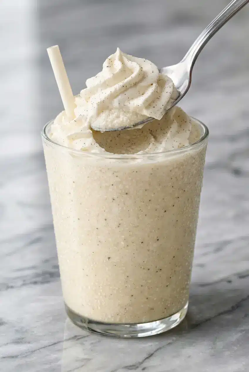 A thick vanilla bean frappuccino being poured, highlighting the smooth emulsified texture from the xanthan gum.