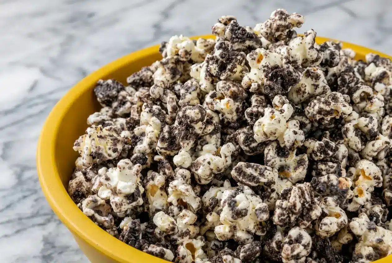 Bowl of cookies cream popcorn drizzled with vanilla bean salted white chocolate and crushed sandwich cookies.