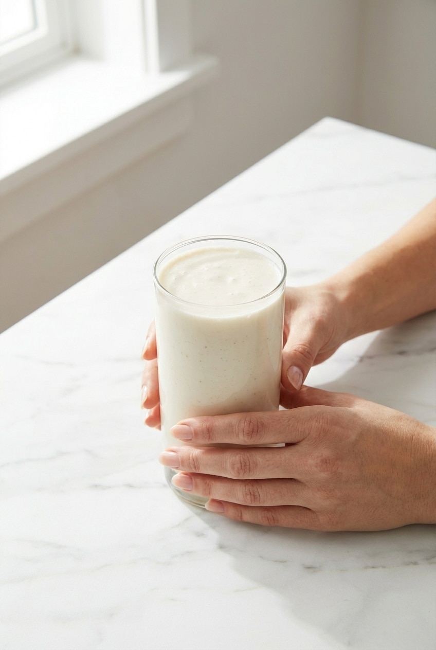 A finished vanilla protein shake recipe in a shaker bottle on a kitchen counter, ready for a post-workout recovery session.