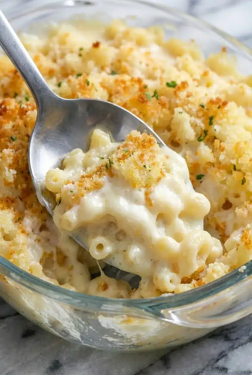Close-up of a smooth, velvety Mornay sauce for Baked Macaroni and Cheese being whisked in a pan.