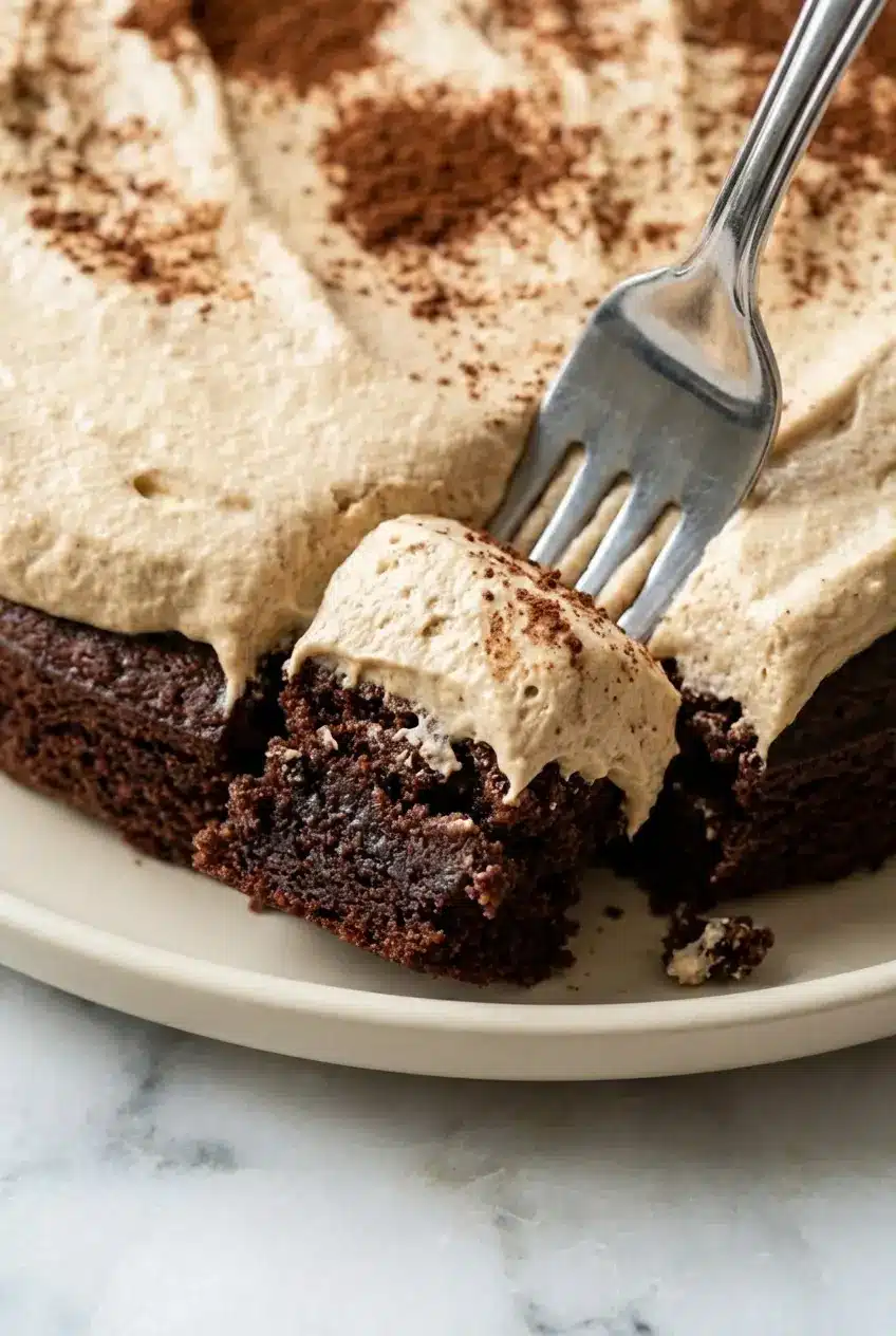 Thick, creamy whipped coffee topping for Dalgona Coffee Brownies reaching the perfect ribbon stage in a mixing bowl.