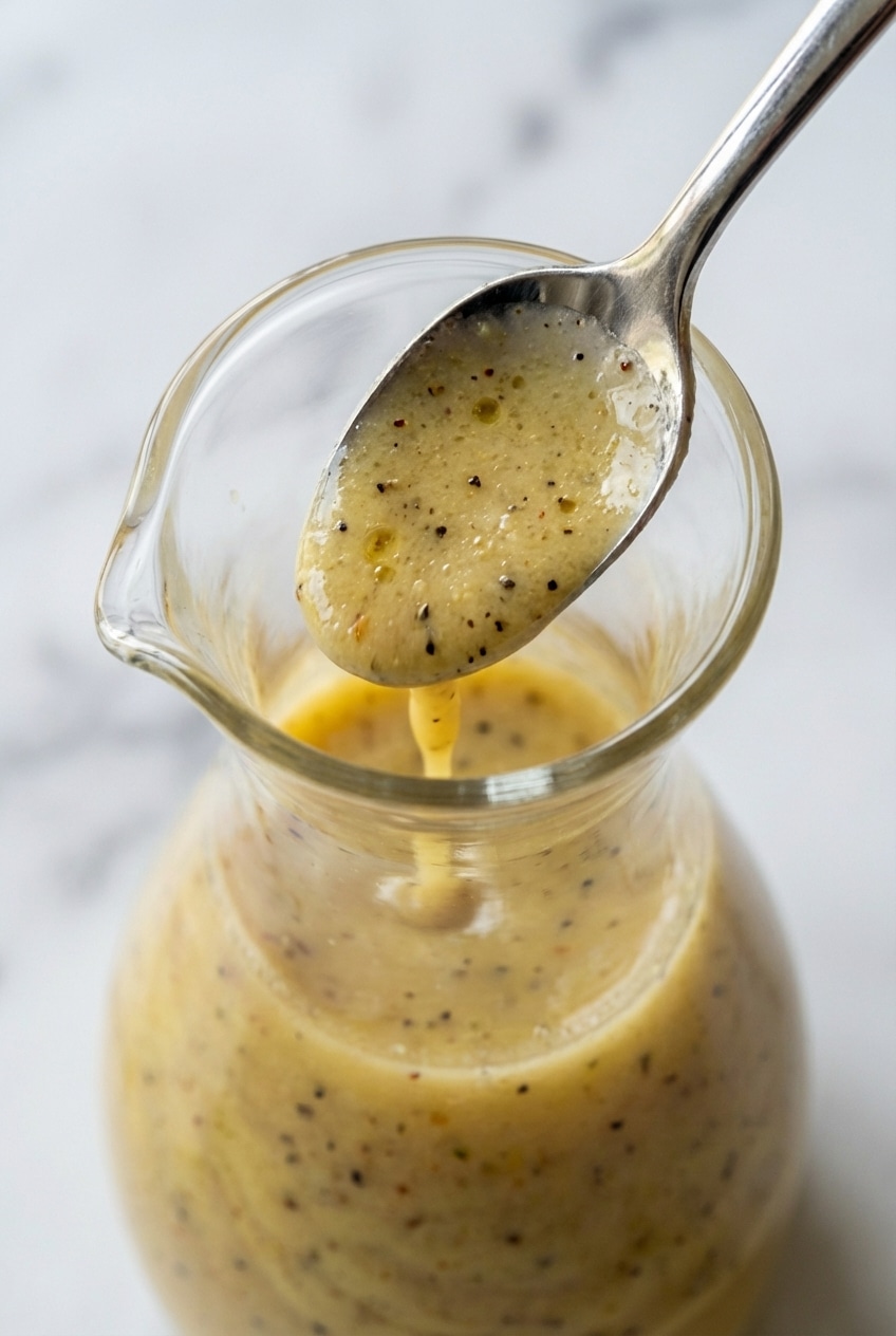 Whisking together a smooth Calamansi Vinaigrette in a glass bowl, showing the thick, creamy emulsion forming.