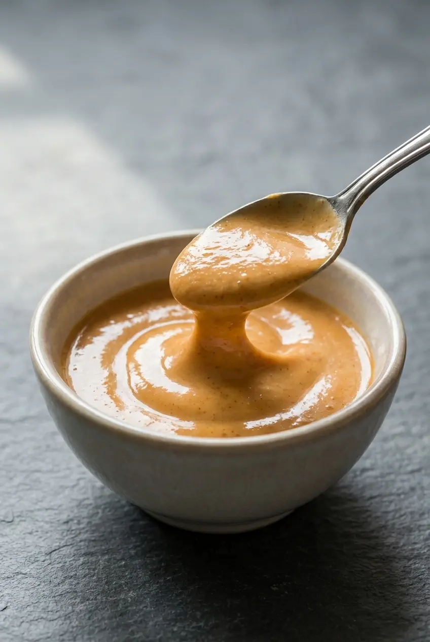 Whisking the smooth tram sauce recipe to create a glossy emulsion in a glass mixing bowl.