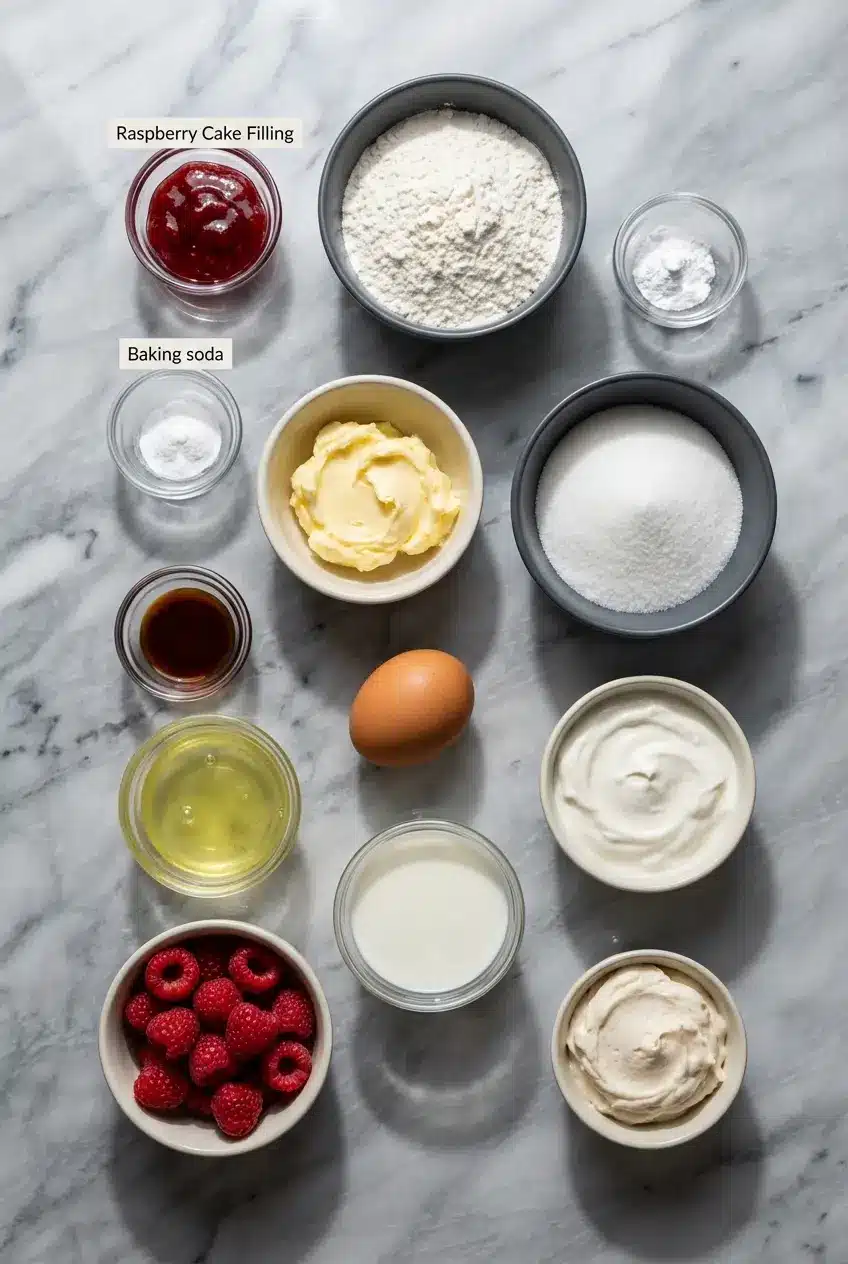 Flat lay of cake flour, buttermilk, and cocoa butter for a White Chocolate Raspberry Cake.