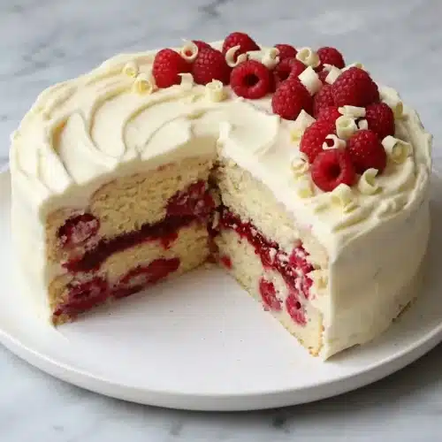 Sliced White Chocolate Raspberry Cake with lemon-flecked ganache and vibrant raspberry powder layers.