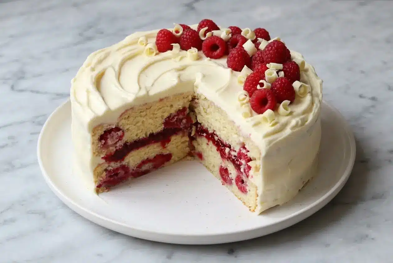 Sliced White Chocolate Raspberry Cake with lemon-flecked ganache and vibrant raspberry powder layers.