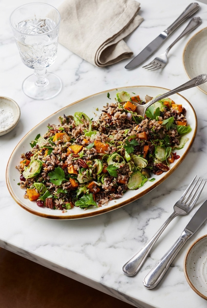 Cozy table setting featuring wild rice pilaf recipe as a centerpiece Thanksgiving side dish.