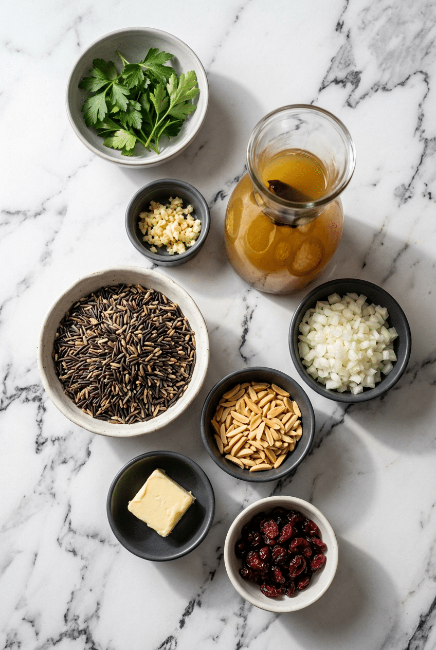 Flat lay of ingredients for wild rice pilaf recipe including Lundberg wild blend, roasted sweet potato, and herbs.