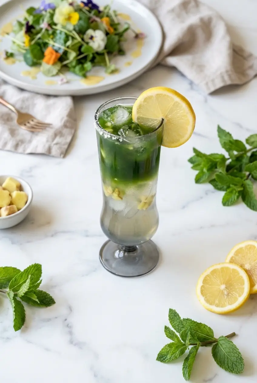 A beautifully garnished yuzu lemonade recipe served in a highball glass on a sunny outdoor patio table.