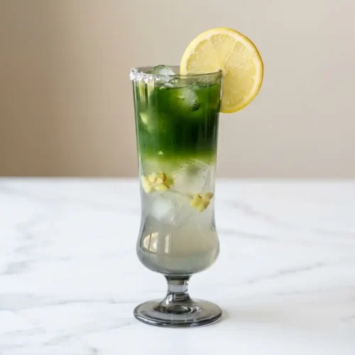 Iced yuzu lemonade recipe in a highball glass, featuring a ginger and flaky sea salt simple syrup with fresh citrus garnish.