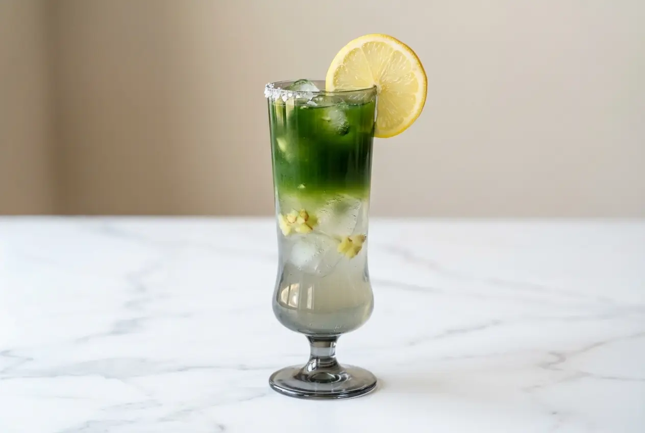 Iced yuzu lemonade recipe in a highball glass, featuring a ginger and flaky sea salt simple syrup with fresh citrus garnish.