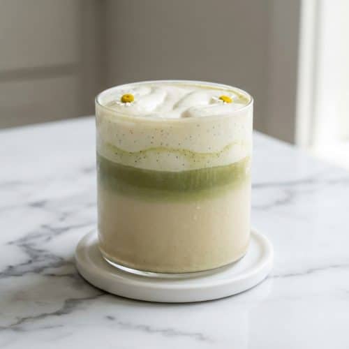Iced Yuzu Matcha Latte layered with oat milk and crowned with a thick, vanilla bean speckled yuzu honey cream.