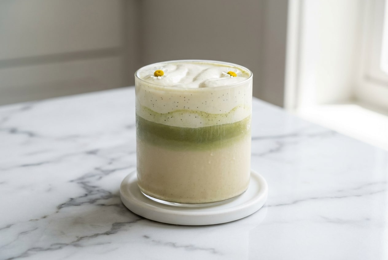 Iced Yuzu Matcha Latte layered with oat milk and crowned with a thick, vanilla bean speckled yuzu honey cream.