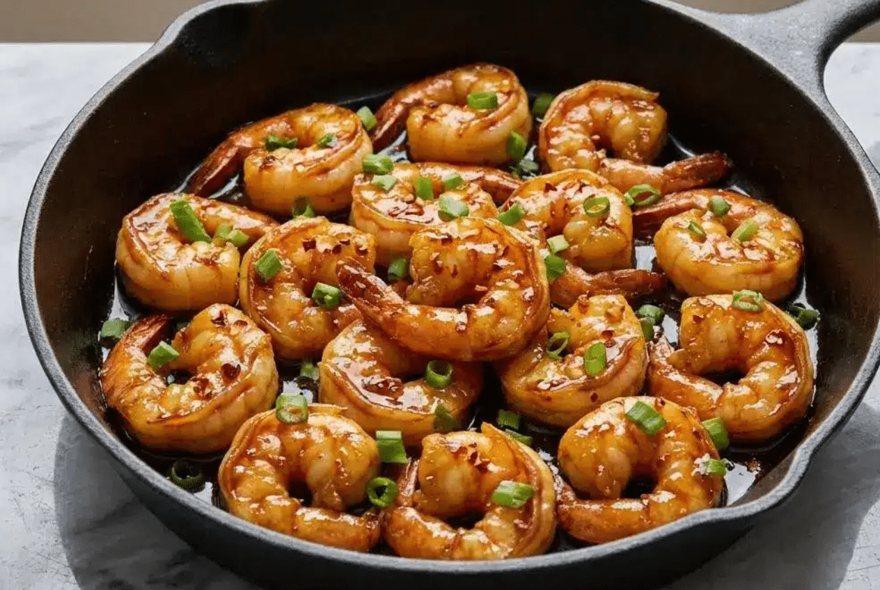 High protein honey garlic shrimp in a cast iron skillet, coated in a thick, syrupy glaze and garnished with sesame seeds.